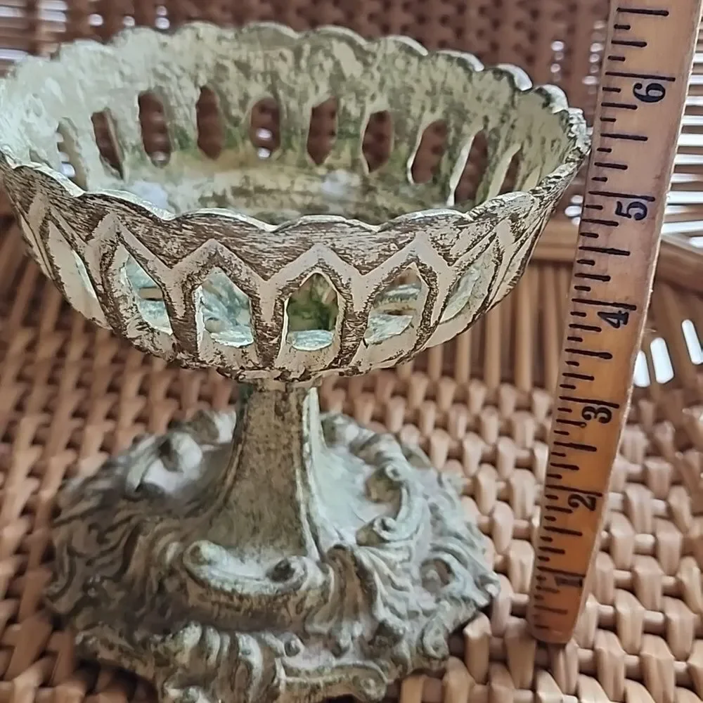 Vintage Distressed Metal Candleholder Cutwork Chalice with Felted Bottom